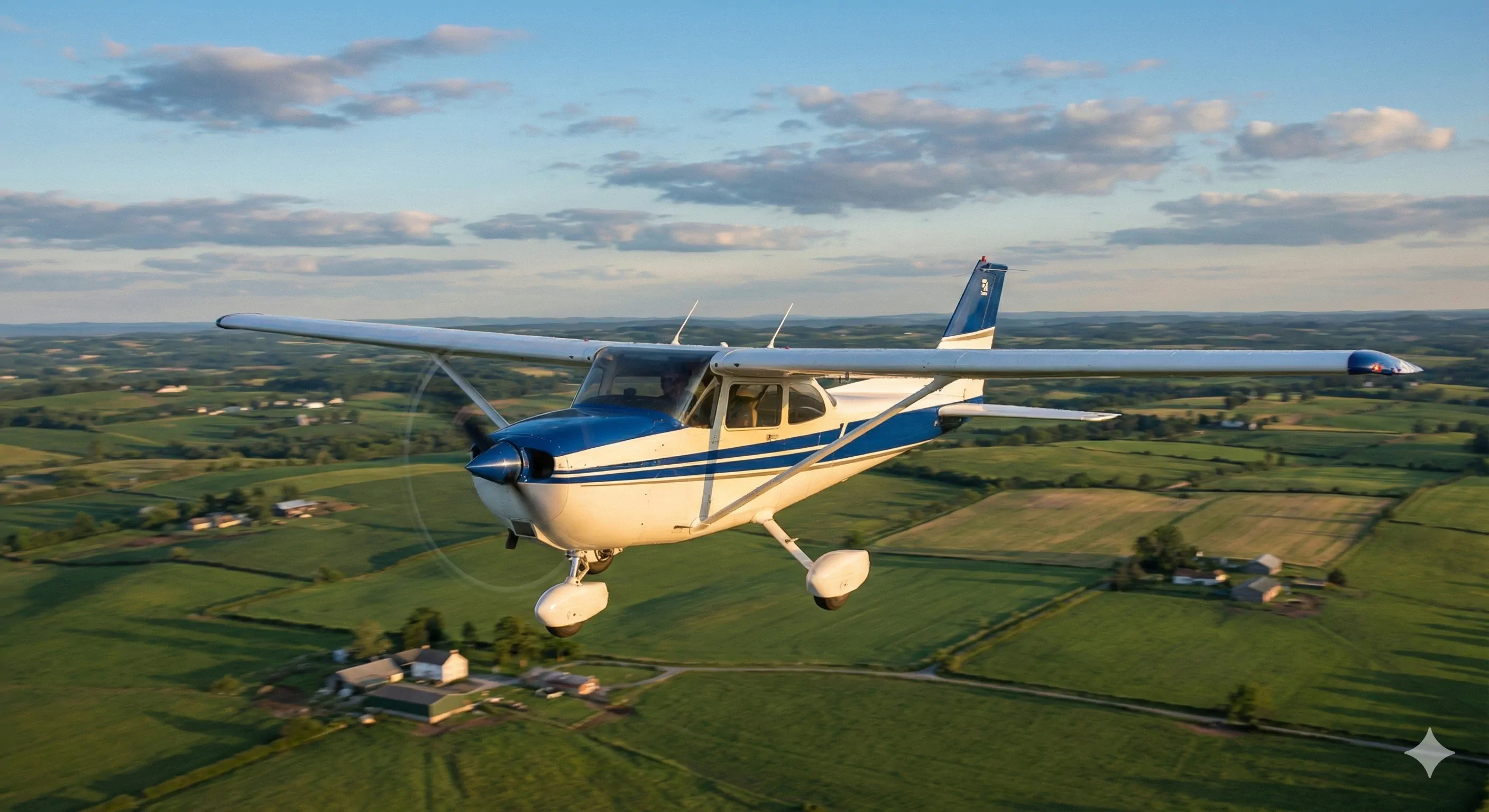 Single-engine aircraft flying over countryside at golden hour